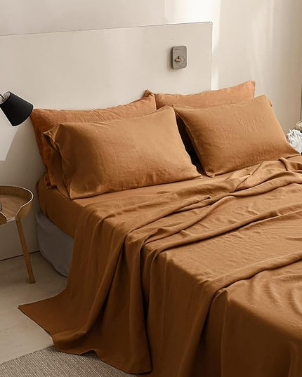 Simple&Opulence 100% Linen Sheet Set Solid Color- 6 Pcs Washed French Flax Bed Sheets (1 Flat Sheet, 1 Fitted Sheet, 4 Pillowcases) - Breathable Home Collection (Basic Rust, Queen) - LeafyLoom