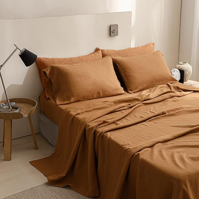 Simple&Opulence 100% Linen Sheet Set Solid Color- 6 Pcs Washed French Flax Bed Sheets (1 Flat Sheet, 1 Fitted Sheet, 4 Pillowcases) - Breathable Home Collection (Basic Rust, Queen) - LeafyLoom