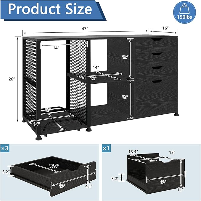 PUNCIA Office Lateral File Storage Cabinet with Paper Shredder Stand On Wheel Large Lateral Filing Cabinet with Drawers Filing Cabinet Organizer Printer Stand with Storage for Home Office - LeafyLoom