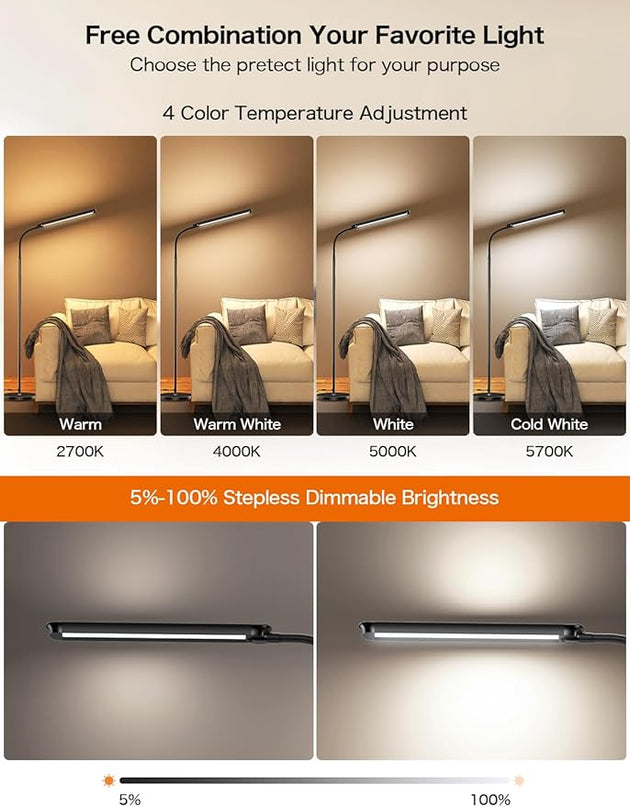 73" LED Floor Lamp,24W Super Bright Double-Sided Tall Standing Lamp with Timer,Remote and Touch Control,Adjustable Colors & Brightness Gooseneck Floor Lamps for Living Room Bedroom Office - LeafyLoom