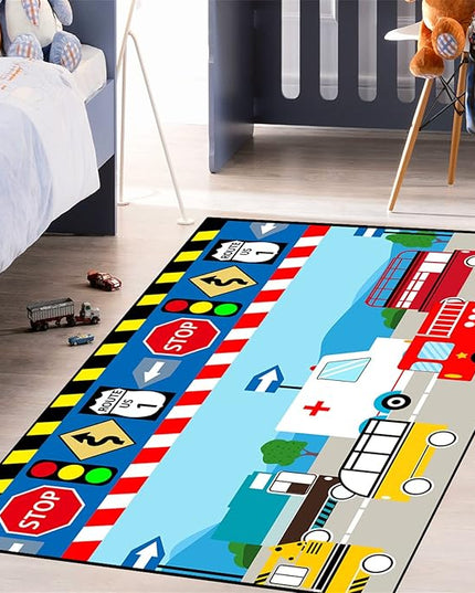 Cartoon Ambulance Car Area Rug Car Carpet for Kids Play Rug for Cars and Trucks Car Rug Play Mat Car Track Rug Truck Rugs for Boys Room Rugs for Boys Bedroom,Light Blue 3'×4' - LeafyLoom