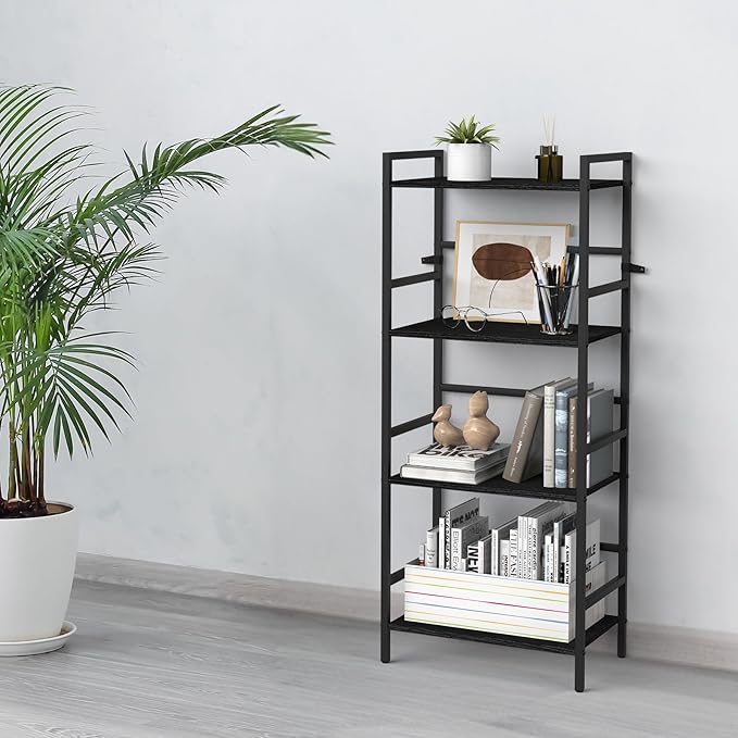 DOMYDEVM 4 Tier Black Bookshelf, 40.95in(H) Standing Shelf Unit, Wood Bookshelf with Metal Frame for Bedroom, Home Office, Entry Way and Living Room, Modern - LeafyLoom