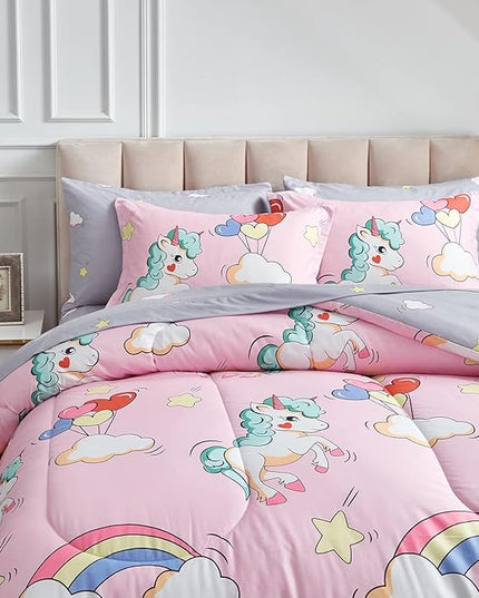UOZZI BEDDING Kids Girls Bed in a Bag 6 Pieces Twin Size Unicorn Pink Colorful Comforter Set - (1 Soft Microfiber, Reversible Comforter, 2 Pillow Shams, 1 Flat Sheet, 1 Fitted Sheet, 1 Pillowcases) - LeafyLoom