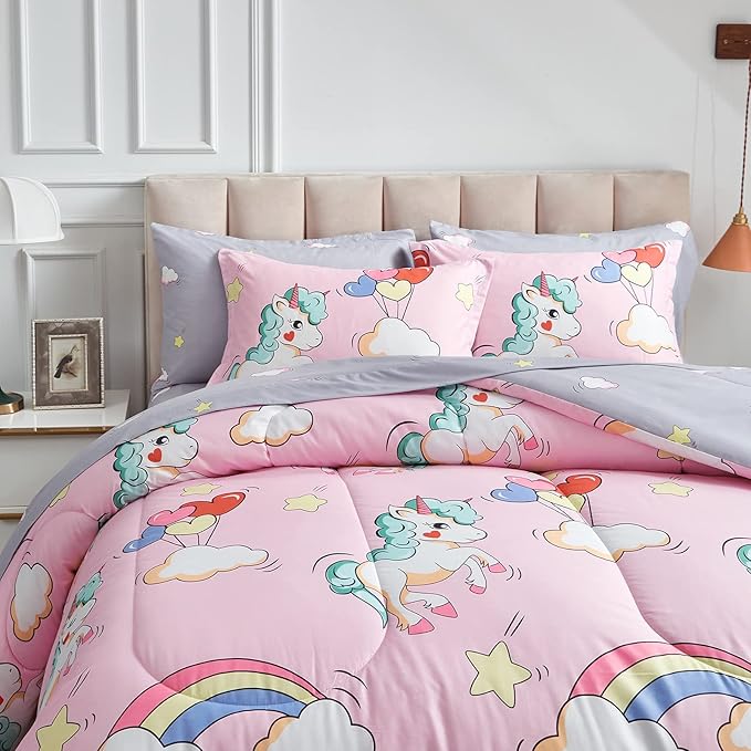 UOZZI BEDDING Kids Girls Bed in a Bag 6 Pieces Twin Size Unicorn Pink Colorful Comforter Set - (1 Soft Microfiber, Reversible Comforter, 2 Pillow Shams, 1 Flat Sheet, 1 Fitted Sheet, 1 Pillowcases) - LeafyLoom