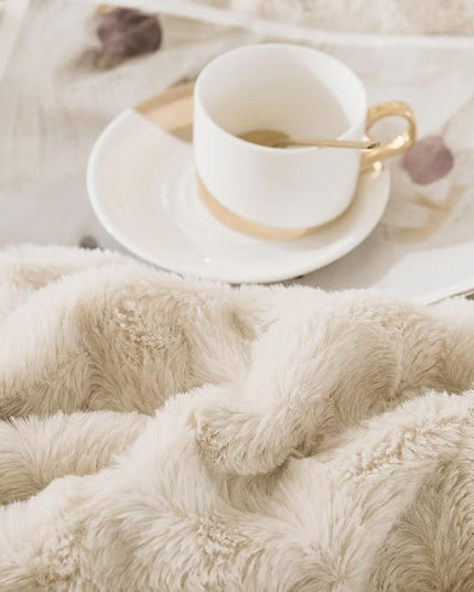 Andency Beige Fleece Comforter Set Queen Size, 3 Pieces Shaggy Faux Fur Bedding Comforter Set for Queen Bed, Fuzzy Plush Warm Sherpa Bed Comforter Set for Women Man - LeafyLoom