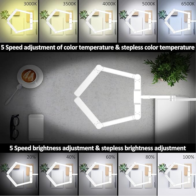 LED Desk Lamp for Home Office, 41.5" White Clip on Architect Desk Lamp with Clamp, 24W Adjustable Bright Swing Arm LED Desk Light Clamp on Office Lamp Dimmable Eye Care Table Light - LeafyLoom