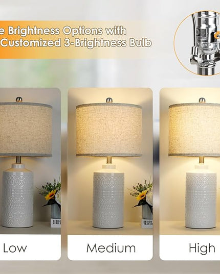 White Ceramic Table Lamp with Beige Shade: 3-Way Dimmable Night Stand Light Lamp 24.5" Modern Table Lamps for Living Room Bedroom End Table Office Entryway Lamps (Bulb Included - LeafyLoom