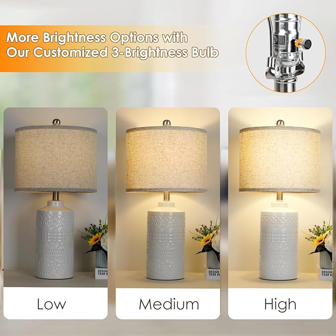 White Ceramic Table Lamp with Beige Shade: 3-Way Dimmable Night Stand Light Lamp 24.5" Modern Table Lamps for Living Room Bedroom End Table Office Entryway Lamps (Bulb Included - LeafyLoom