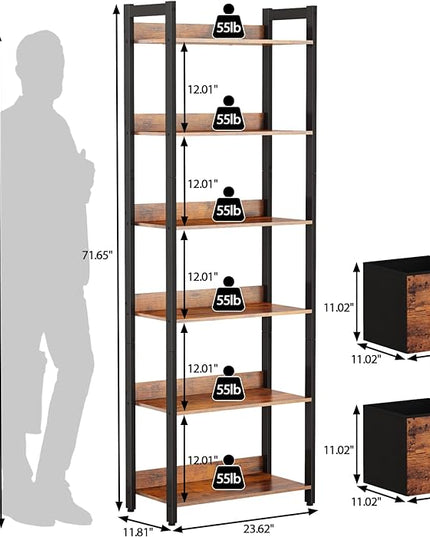 Furologee 6-Tier Bookshelf, Tall 71" Rustic Bookcase with 2 Drawers Storage Organizer, Industrial Display Free Standing Shelf Units, Wood and Metal Storage Rack for Home Office, Bedroom, Rustic Brown - LeafyLoom