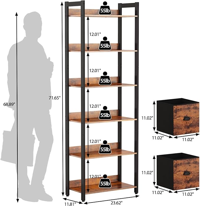 Furologee 6-Tier Bookshelf, Tall 71" Rustic Bookcase with 2 Drawers Storage Organizer, Industrial Display Free Standing Shelf Units, Wood and Metal Storage Rack for Home Office, Bedroom, Rustic Brown - LeafyLoom