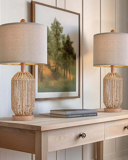 OYEARS 21" Boho Table Lamps Set of 2 for Living Room, Bedside Lamps for Nightstand, Rattan Lamp for Bedroom, Farmhouse Table Lamps for Boho Decor, End Table, Retro, Brown - LeafyLoom