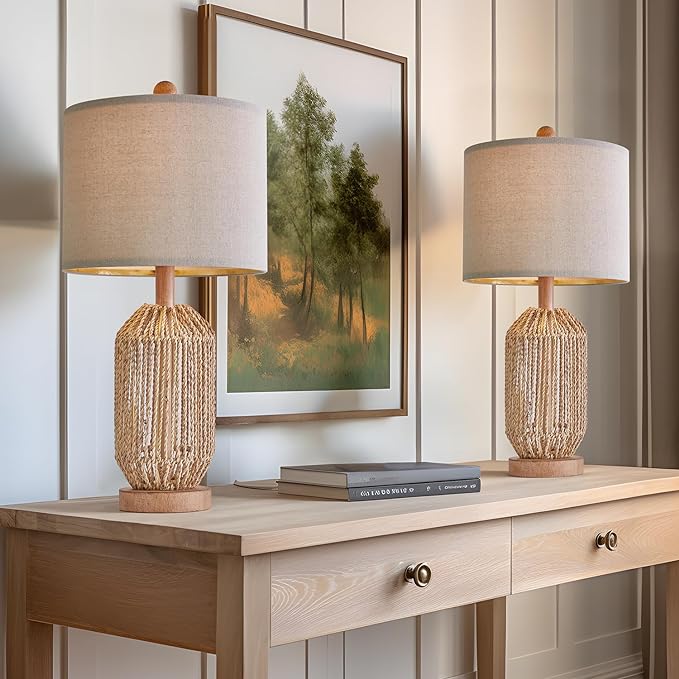 OYEARS 21" Boho Table Lamps Set of 2 for Living Room, Bedside Lamps for Nightstand, Rattan Lamp for Bedroom, Farmhouse Table Lamps for Boho Decor, End Table, Retro, Brown - LeafyLoom
