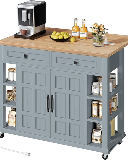 YITAHOME Kitchen Island with Drop Leaf & Power Outlet, Rolling Kitchen Cart on Wheels, Americana Kitchen Island Cabinet with Open Shelves for Kitchen Dining Room, Thicker Rubberwood Top, Grey Blue - LeafyLoom