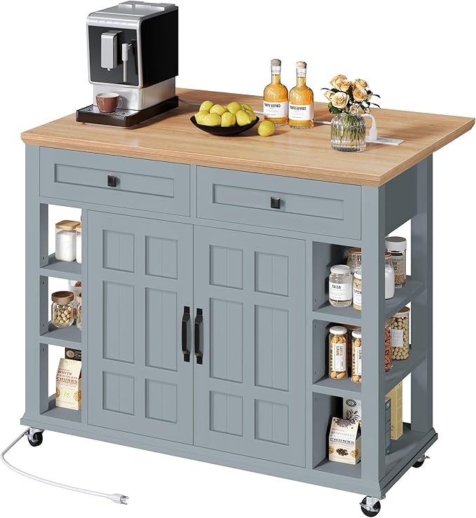 YITAHOME Kitchen Island with Drop Leaf & Power Outlet, Rolling Kitchen Cart on Wheels, Americana Kitchen Island Cabinet with Open Shelves for Kitchen Dining Room, Thicker Rubberwood Top, Grey Blue - LeafyLoom