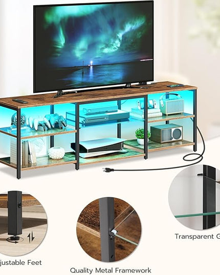 HOOBRO LED TV Stand for 75 Inch TVs with Charging Station, Gaming Entertainment Center with Open Storage, Media TV Console Table, TV Stand for Living Room, Bedroom, Rustic Brown and Black BF21UDDS01 - LeafyLoom
