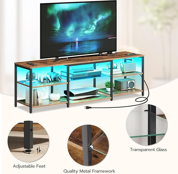 HOOBRO LED TV Stand for 75 Inch TVs with Charging Station, Gaming Entertainment Center with Open Storage, Media TV Console Table, TV Stand for Living Room, Bedroom, Rustic Brown and Black BF21UDDS01 - LeafyLoom