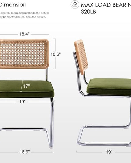 Zesthouse Dining Chairs Set of 4, Velvet Accent Chairs with Natural Cane Back & Stainless Chrome Base, Modern Mid Century Breuer Designed Chairs, Upholstered Rattan Dining Room Kitchen Chairs - LeafyLoom