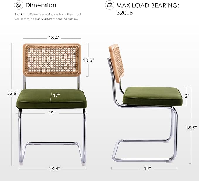 Zesthouse Mid Century Modern Dining Chairs Set of 2, Velvet Accent Chairs with Natural Cane Back & Stainless Chrome Base, Famous Breuer Designed Chairs, Upholstered Rattan Kitchen Chairs,Green - LeafyLoom
