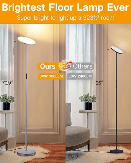 OUTON Floor Lamp, 30W 2400LM LED Modern Torchiere Sky Lamp, Super Bright Dimmable Standing Tall Lamp with 4 Color Temperature, Remote Touch Control, 1-H Timer for Living Room Bedroom Office,Space Grey - LeafyLoom