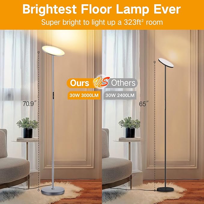 OUTON Floor Lamp, 30W 2400LM LED Modern Torchiere Sky Lamp, Super Bright Dimmable Standing Tall Lamp with 4 Color Temperature, Remote Touch Control, 1-H Timer for Living Room Bedroom Office,Space Grey - LeafyLoom