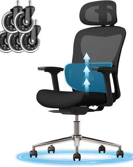 GABRYLLY Ergonomic Mesh Office Chair, Home Desk Chair with Adjustable Lumbar Support, 3D Armrest, Headrest, 4-Level Tilt Back, High Back Ergonomic Chairs with Wide Cushion Seat - LeafyLoom