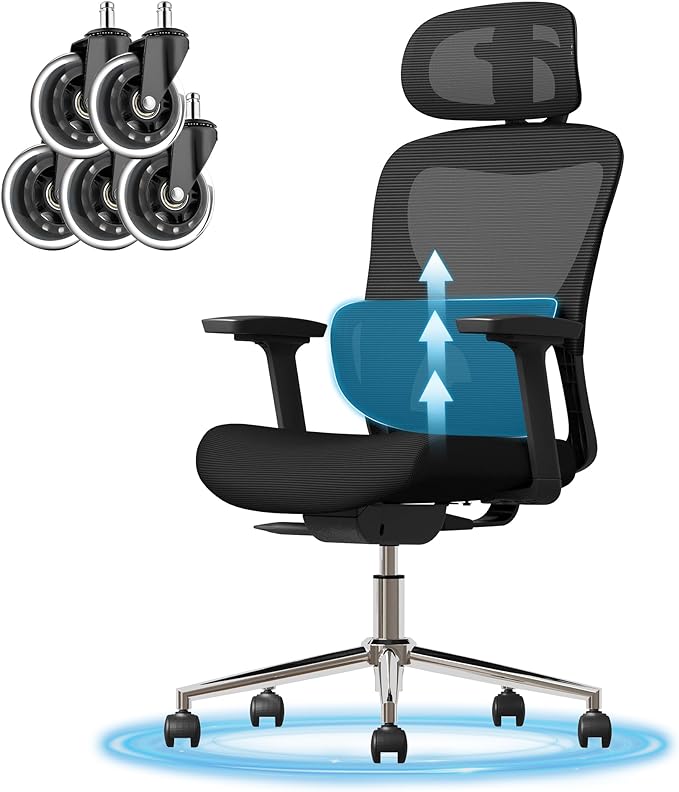 GABRYLLY Ergonomic Mesh Office Chair, Home Desk Chair with Adjustable Lumbar Support, 3D Armrest, Headrest, 4-Level Tilt Back, High Back Ergonomic Chairs with Wide Cushion Seat - LeafyLoom