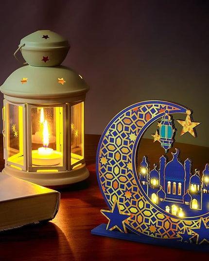 Capoda Eid Craft Night Light Ramadan Mubarak Table Decor 3D Wooden Moon Star LED Light Decor, Mosque Lamp Eid al-Fitr Ornament Gift for Muslim Ramadan Islamic Wall Decor Table Centerpiece(Blue) - LeafyLoom