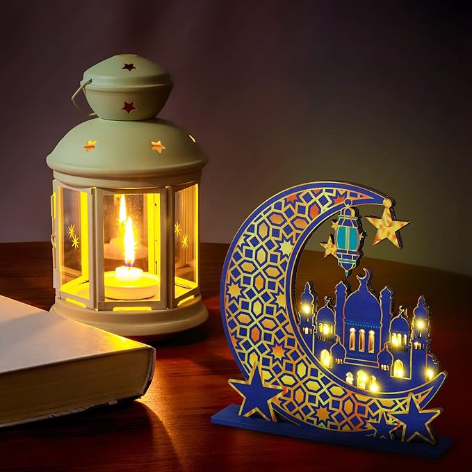 Capoda Eid Craft Night Light Ramadan Mubarak Table Decor 3D Wooden Moon Star LED Light Decor, Mosque Lamp Eid al-Fitr Ornament Gift for Muslim Ramadan Islamic Wall Decor Table Centerpiece(Blue) - LeafyLoom