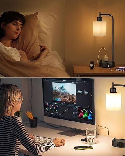Industrial Bedroom Lamps for Nightstand Set of 2 - Fully Dimmable Bedside Lamps with USB A C Ports and Outlet, Black Table Lamps with Opal Glass Shade for Living Room, Desk Lamps for Office Reading - LeafyLoom