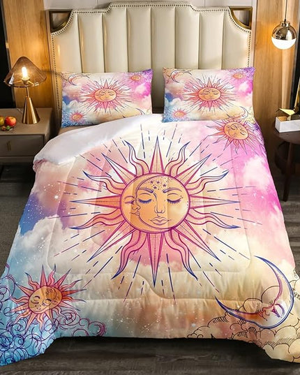 Sun and Moon Comforter Set Full Stars Constellation Galaxy Bedding Set,Pink Blue Pastel Clouds Tie Dye Comforter For Kids Girls Women Boho Hippie Psychedelic Celestial Astrology Quilt Duvet Set 3 Pcs - LeafyLoom