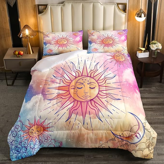 Sun and Moon Comforter Set Full Stars Constellation Galaxy Bedding Set,Pink Blue Pastel Clouds Tie Dye Comforter For Kids Girls Women Boho Hippie Psychedelic Celestial Astrology Quilt Duvet Set 3 Pcs - LeafyLoom