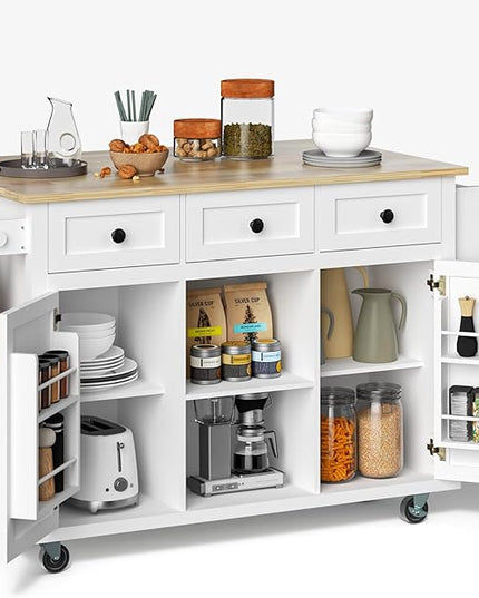 Rolling Kitchen Island with Drop Leaf Kitchen Island On Wheels with Storage Large 53in Wood Portable Kitchen Islands White with Drawers Cabinet Spice Towel Rack Storage for Kitchen - LeafyLoom