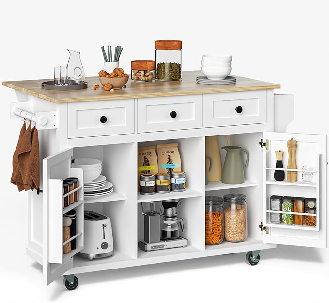 Rolling Kitchen Island with Drop Leaf Kitchen Island On Wheels with Storage Large 53in Wood Portable Kitchen Islands White with Drawers Cabinet Spice Towel Rack Storage for Kitchen - LeafyLoom