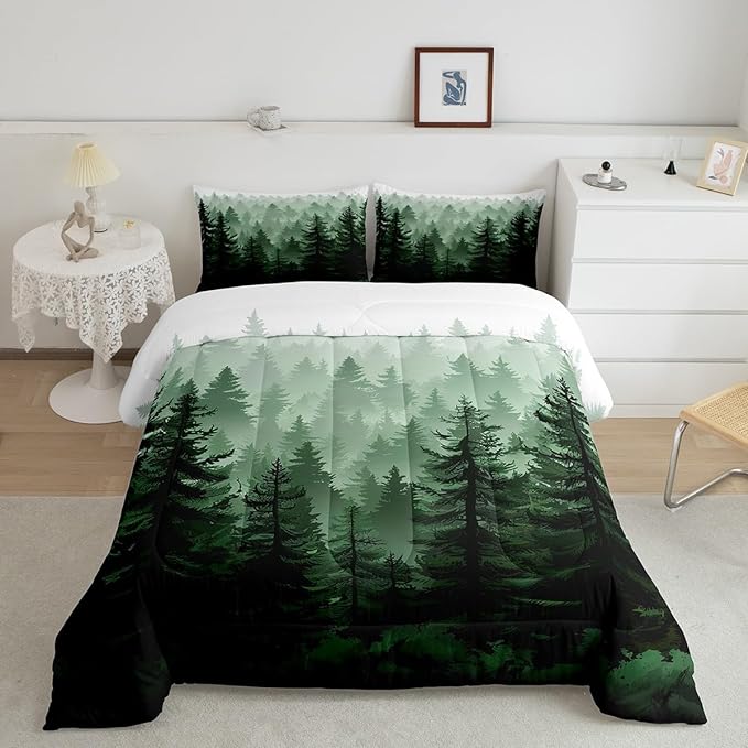 Feelyou Fog Forest Comforter Botanical Pine Trees Comforter Set for Boys Girls Children Watercolor Style Green Comforter Set Room Decor Twin Size Duvet Set 2Pcs - LeafyLoom