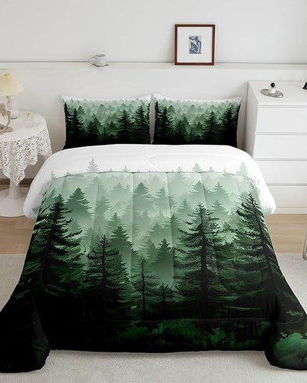 Feelyou Fog Forest Comforter Botanical Pine Trees Comforter Set for Boys Girls Watercolor Green Bedding Set Room Decor King Size Bedspread Cover 3Pcs Boys - LeafyLoom