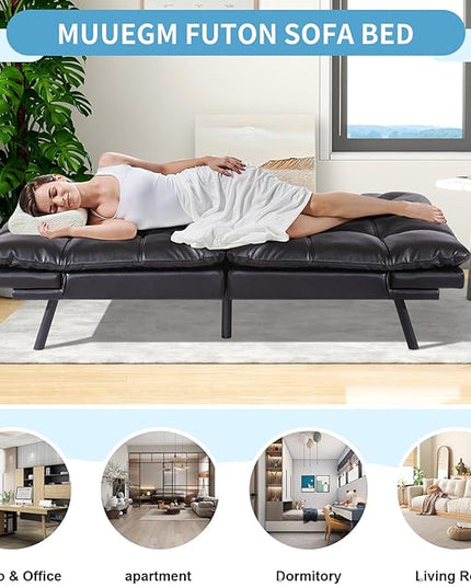 MUUEGM Futon Sofa Bed,Memory Foam Sofa Futon Couch Bed,Convertible 71" Couch Sofa,Faux Leather Sleeper Sofa with Adjustable Backrest for Living Room,Black - LeafyLoom