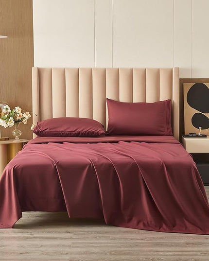 Bed Sheet Set - Brushed Microfiber Bedding - Bedding Sheets & Pillowcases - Deep Pockets - Easy Fit - Breathable & Soft Hotel Sheets - 4 Piece Queen Burgundy - LeafyLoom