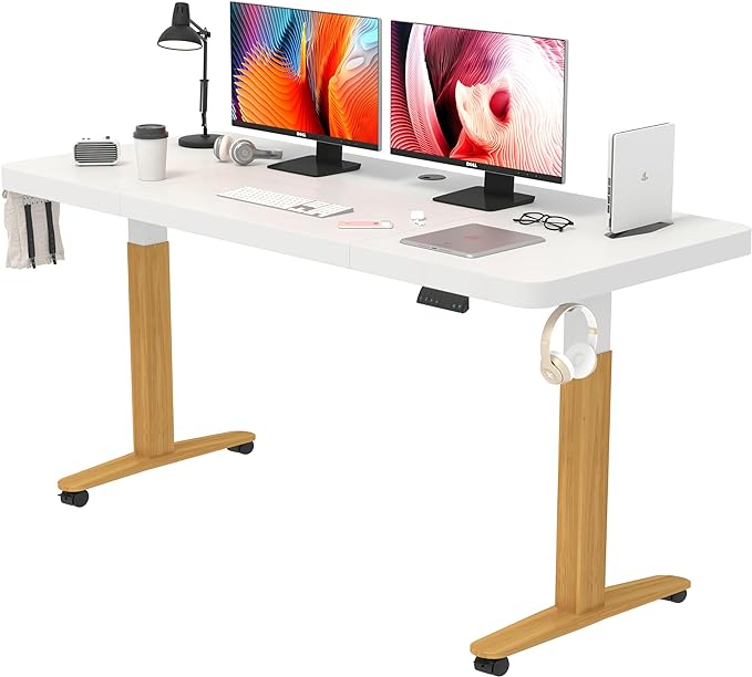 Monomi Electric Standing Desk, 55 x 28 inches Height Adjustable Desk, Ergonomic Home Office Sit Stand Up Desk with Memory Preset Controller (White Top/Wood Grain Frame) - LeafyLoom
