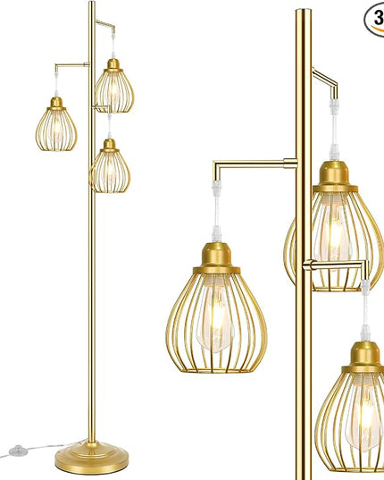 Lakumu Industrial Floor Lamp for Living Room, Golden Farmhouse Floor Lamp with 3 Elegant Teardrop Cage Heads & ST58 Edison LED Bulbs, Sturdy Base Tall Vintage Pole Light, Rustic Floor Lamp for Bedroom - LeafyLoom