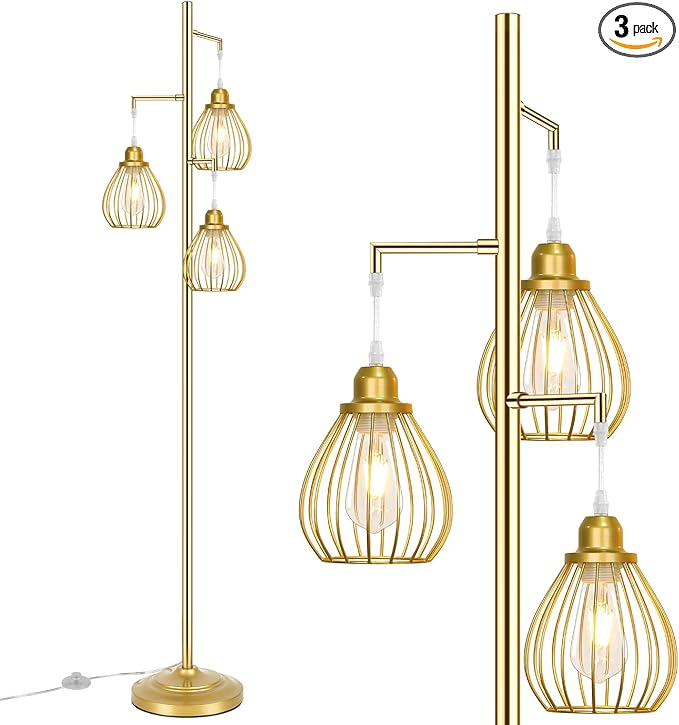 Lakumu Industrial Floor Lamp for Living Room, Golden Farmhouse Floor Lamp with 3 Elegant Teardrop Cage Heads & ST58 Edison LED Bulbs, Sturdy Base Tall Vintage Pole Light, Rustic Floor Lamp for Bedroom - LeafyLoom