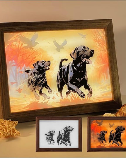 Bleetzwoods Upgraded Lighting Shadow Art Painting Decoration, Touch Control Color Change Light with Walnut Wood Photo Frame and USB Charging, Excellent Glowing Memoriable Present. (Black Labrador) - LeafyLoom