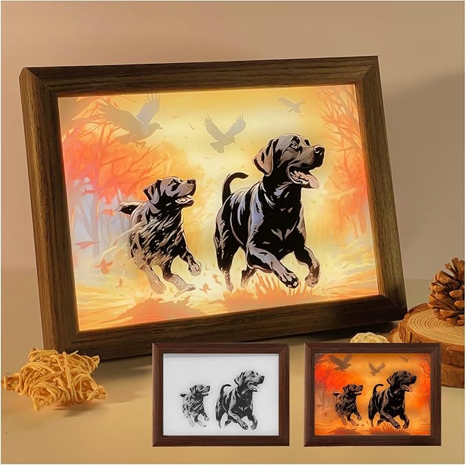 Bleetzwoods Upgraded Lighting Shadow Art Painting Decoration, Touch Control Color Change Light with Walnut Wood Photo Frame and USB Charging, Excellent Glowing Memoriable Present. (Black Labrador) - LeafyLoom