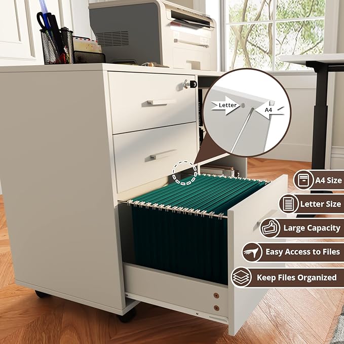 Maxtown Wood Filing Cabinet, Mobile Lateral Filing Cabinet with Lock, 3 Drawer Filing Cabinet with Open Storage Shelves, Printer Stand with Storage, White - LeafyLoom