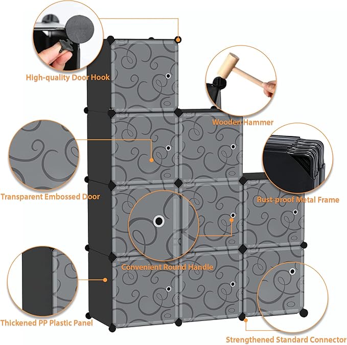 C&AHOME Cube Storage Organizer with Doors, 9-Cube Shelves, Closet Cabinet, DIY Plastic Modular Bookshelf, Storage Shelving Ideal for Bedroom, Living Room, 36.6”L x 12.4”W x 36.6”H Black USHS3009B-DOOR - LeafyLoom