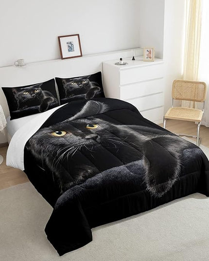 Erosebridal Black Cat Bedding Set Queen Size 3D Cat Comforter Set for Kids Girls Boys Cat Lover Cute Farmhouse Domestic Pet Animal Down Comforter Cute Cat Quilt Set Soft Warm Duvet Set Bedroom Decor - LeafyLoom