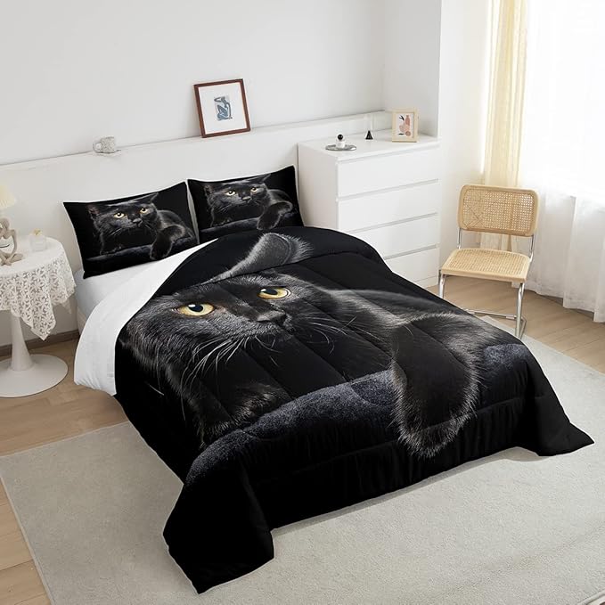 Erosebridal Black Cat Bedding Set Queen Size 3D Cat Comforter Set for Kids Girls Boys Cat Lover Cute Farmhouse Domestic Pet Animal Down Comforter Cute Cat Quilt Set Soft Warm Duvet Set Bedroom Decor - LeafyLoom