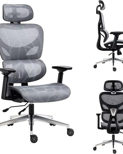 Nouhaus Ergo3D Ergonomic Office Chair Lumbar Support Mesh Office Chair with 4D Adjustable Armrest, Adjustable Headrest and Wheels, Mesh High Back Home Office Desk Chairs (Grey) - LeafyLoom