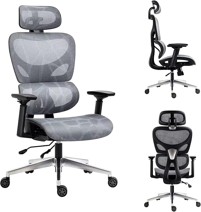 Nouhaus Ergo3D Ergonomic Office Chair Lumbar Support Mesh Office Chair with 4D Adjustable Armrest, Adjustable Headrest and Wheels, Mesh High Back Home Office Desk Chairs (Grey) - LeafyLoom
