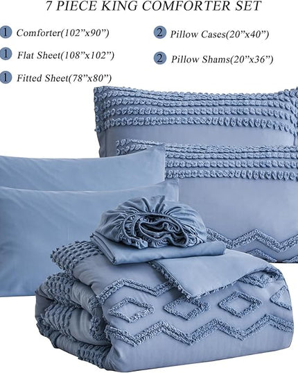 KAKIJUMN Blue Tufted Comforter Set King Size 7 Piece Bed in a Bag, Shabby Chic Boho Comforter and Sheet Set, Pom Pom Textured Bed Set, All Season Soft Microfiber Complete Bedding Set(Blue,King) - LeafyLoom