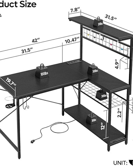 Bestier Gaming Desk with Power Outlets,42 Computer Desk with LED Lights, Reversible Corner Desk with 4-Tier Shelves,Cup Holder & Hook for Home Office,Carbon Fiber Black - LeafyLoom